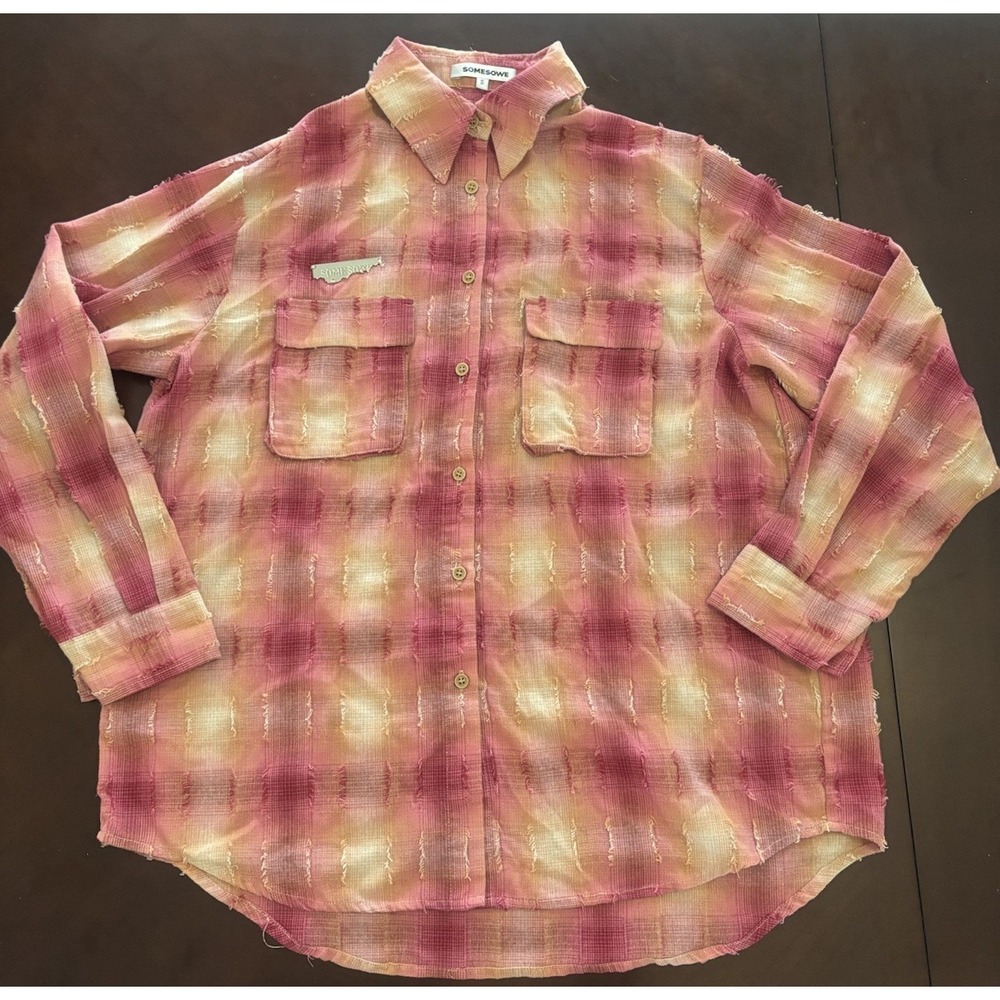 Somesowe pink plaid long-sleeve button-down flannel shirt fringe Small